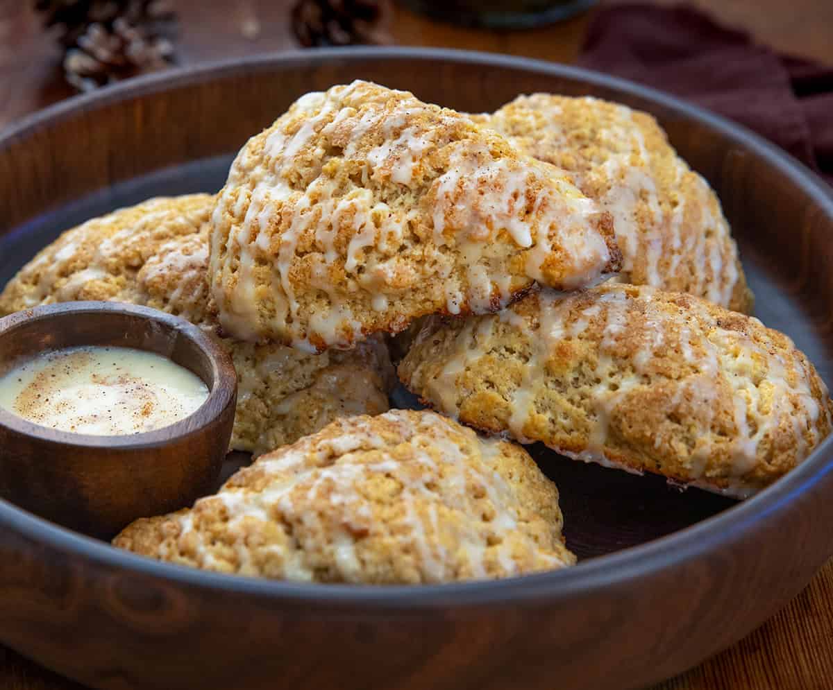 Close up of Eggnog Scones with glaze.
