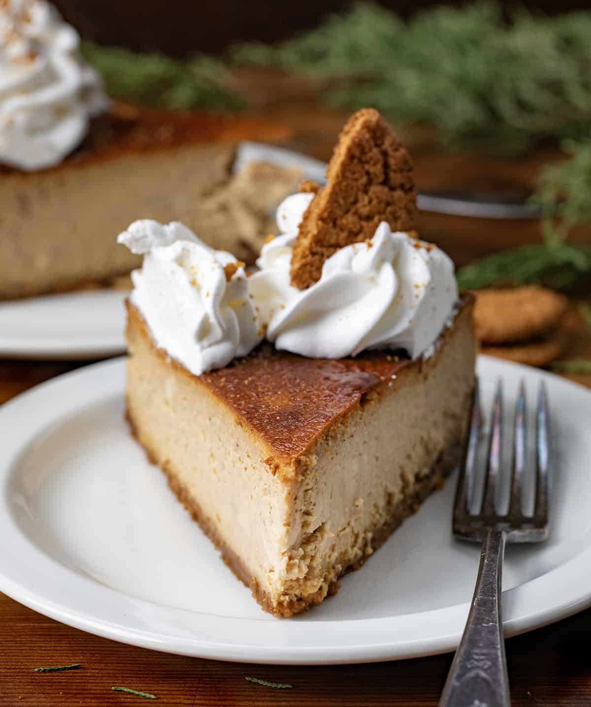 Slice of Gingerbread Cheesecake on a white plate with a fork.