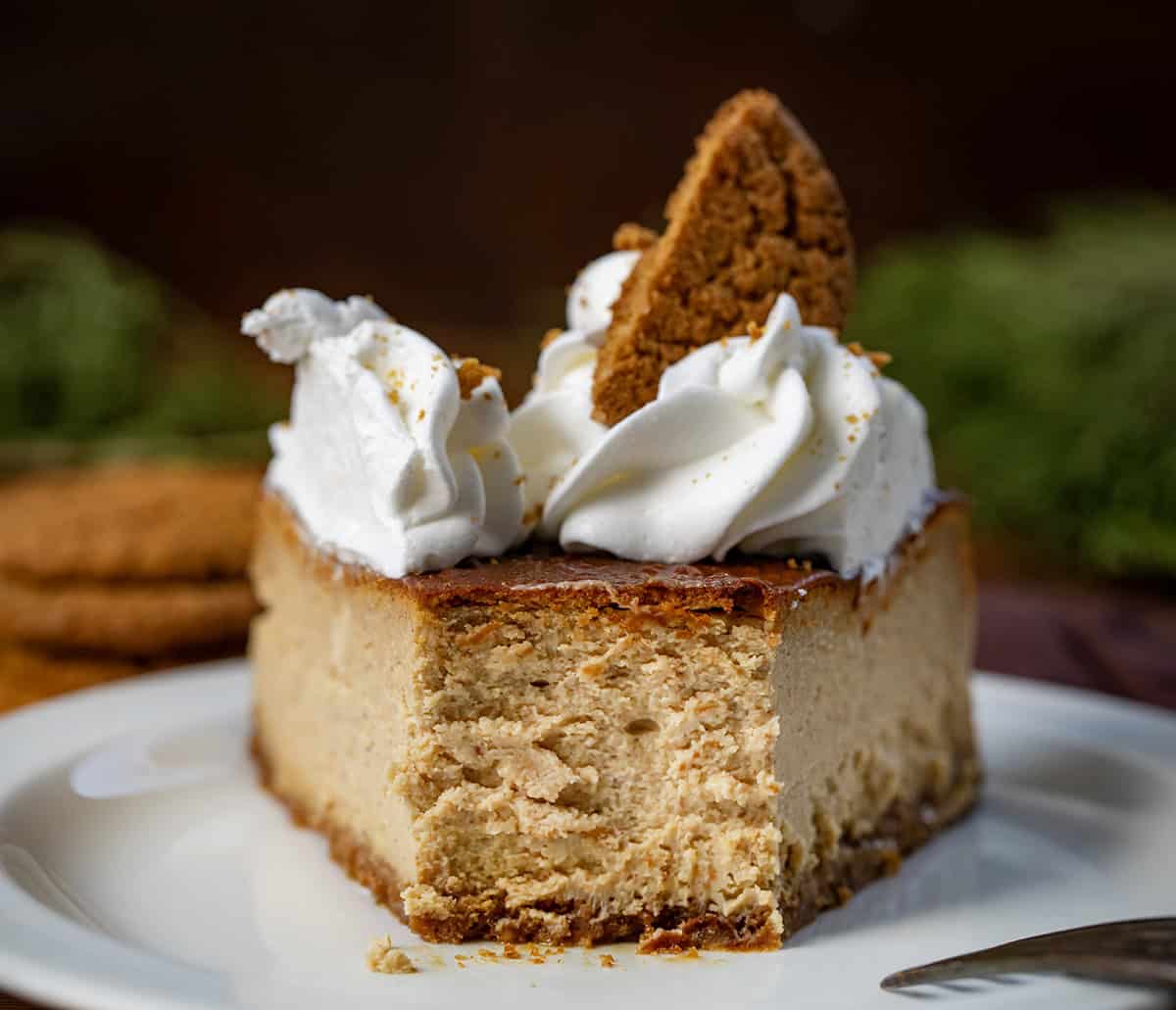 Piece of Gingerbread Cheesecake on a white plate with a bite removed showing tender creamy texture inside.