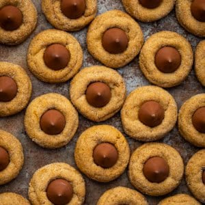 Gingerbread Kiss Cookies on a table from overhead.