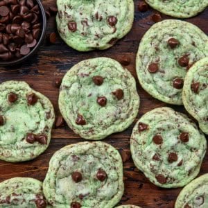 Mint Chocolate Chip Cookies on a wooden table from overhead.