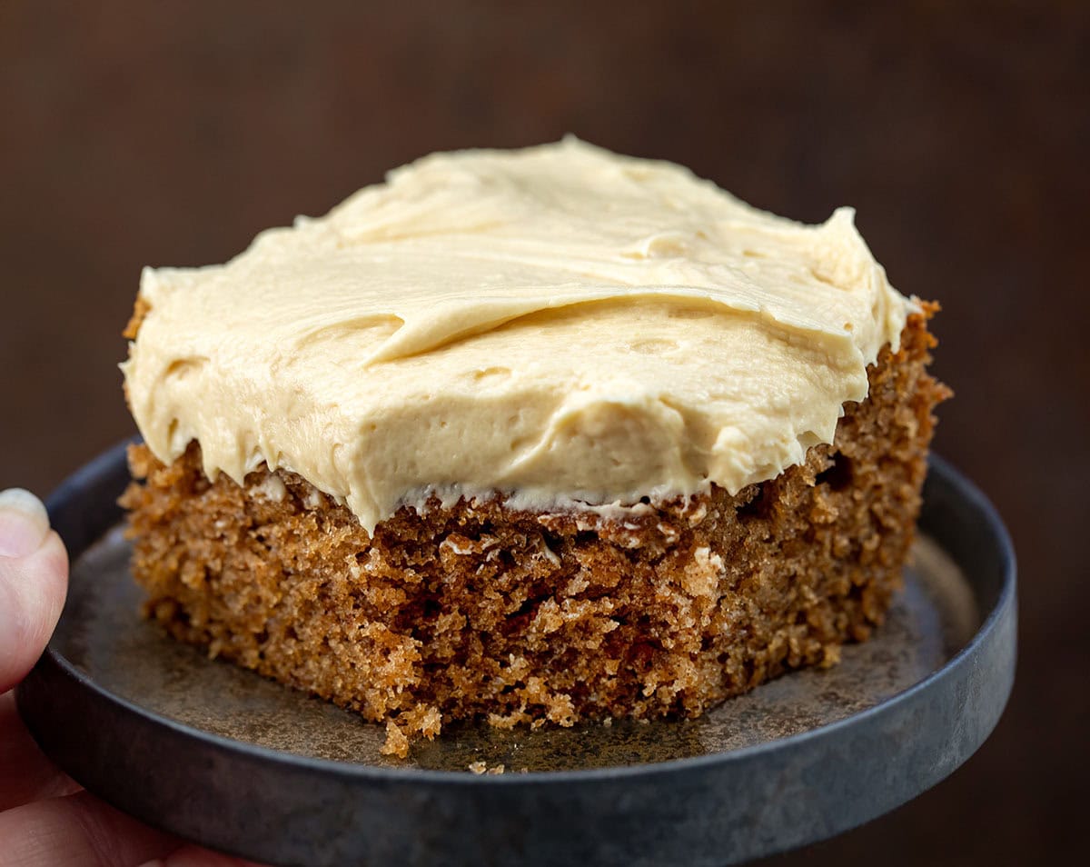Hand holding a plate with Sour Cream Spice Cake on it.