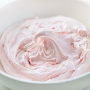 Bowl of Strawberry Marshmallow Frosting.