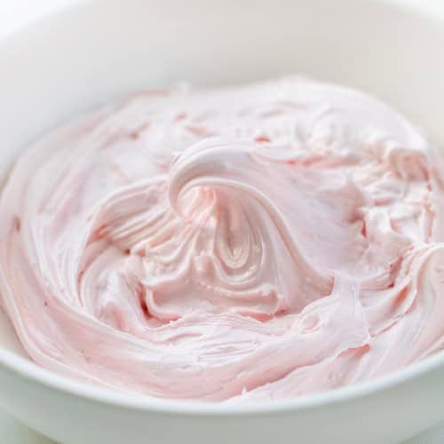 Bowl of Strawberry Marshmallow Frosting.