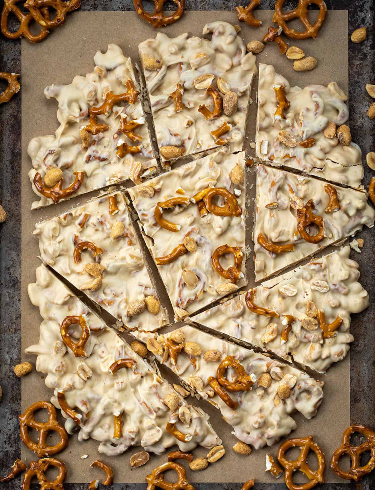 White Chocolate Peanut Butter Pretzel Bark cut into pieces from overhead. 