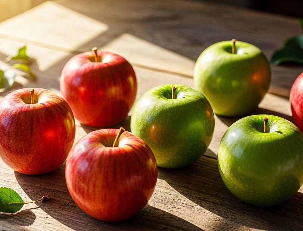 Group of apples on a counter in the sunlight.