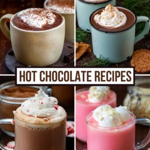 Collage of Hot Chocolate Recipes with Bad Santa Hot Chocolate, Gingerbread Hot Chocolate, Peppermint Hot Chocolate, and Strawberry Hot Chocolate.