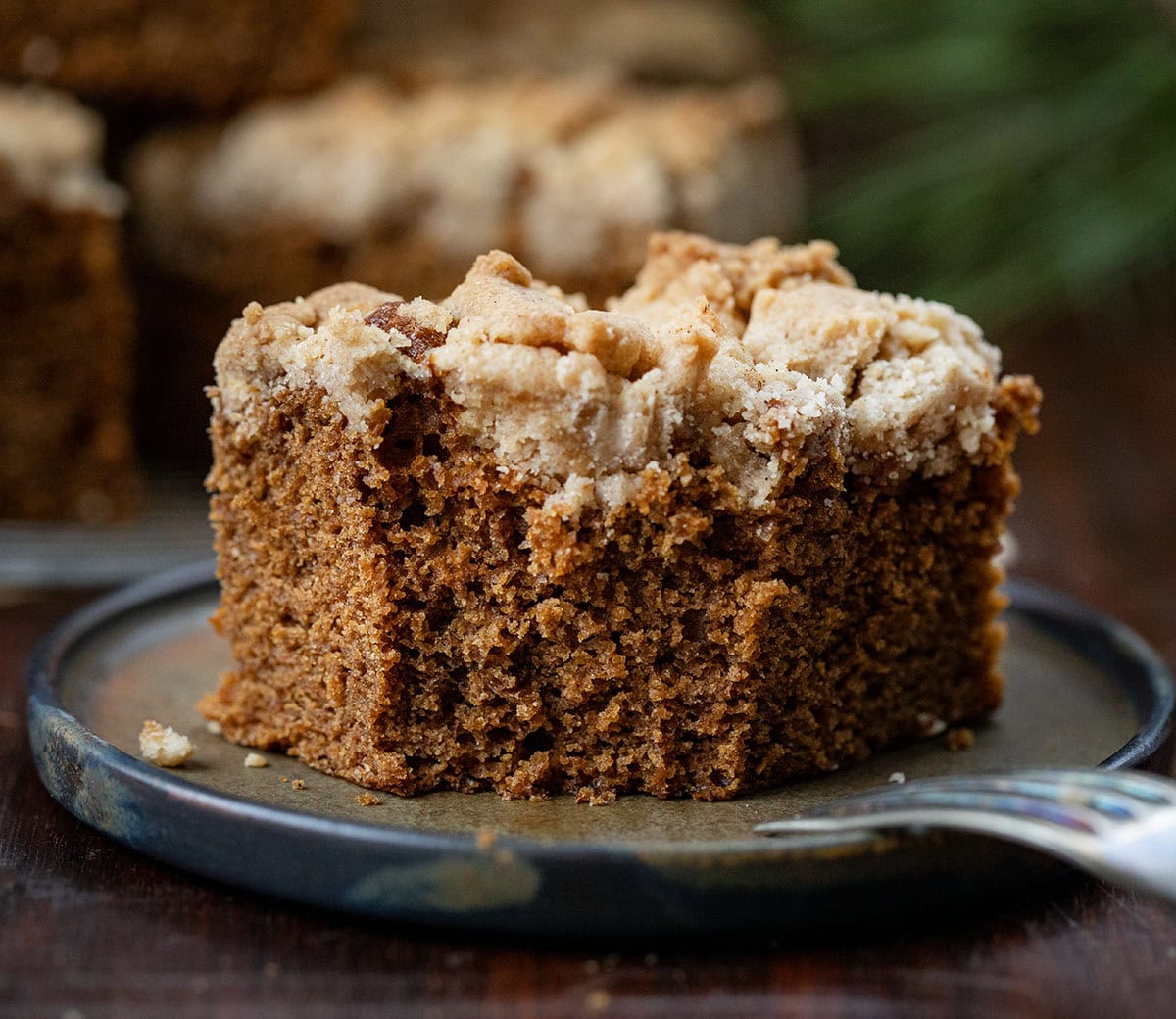 Piece of Gingerbread Coffee Cake with a bite removed very close up.