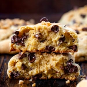 Halved Thick and Chewy Chocolate Toffee Cookies showing the inside texture.