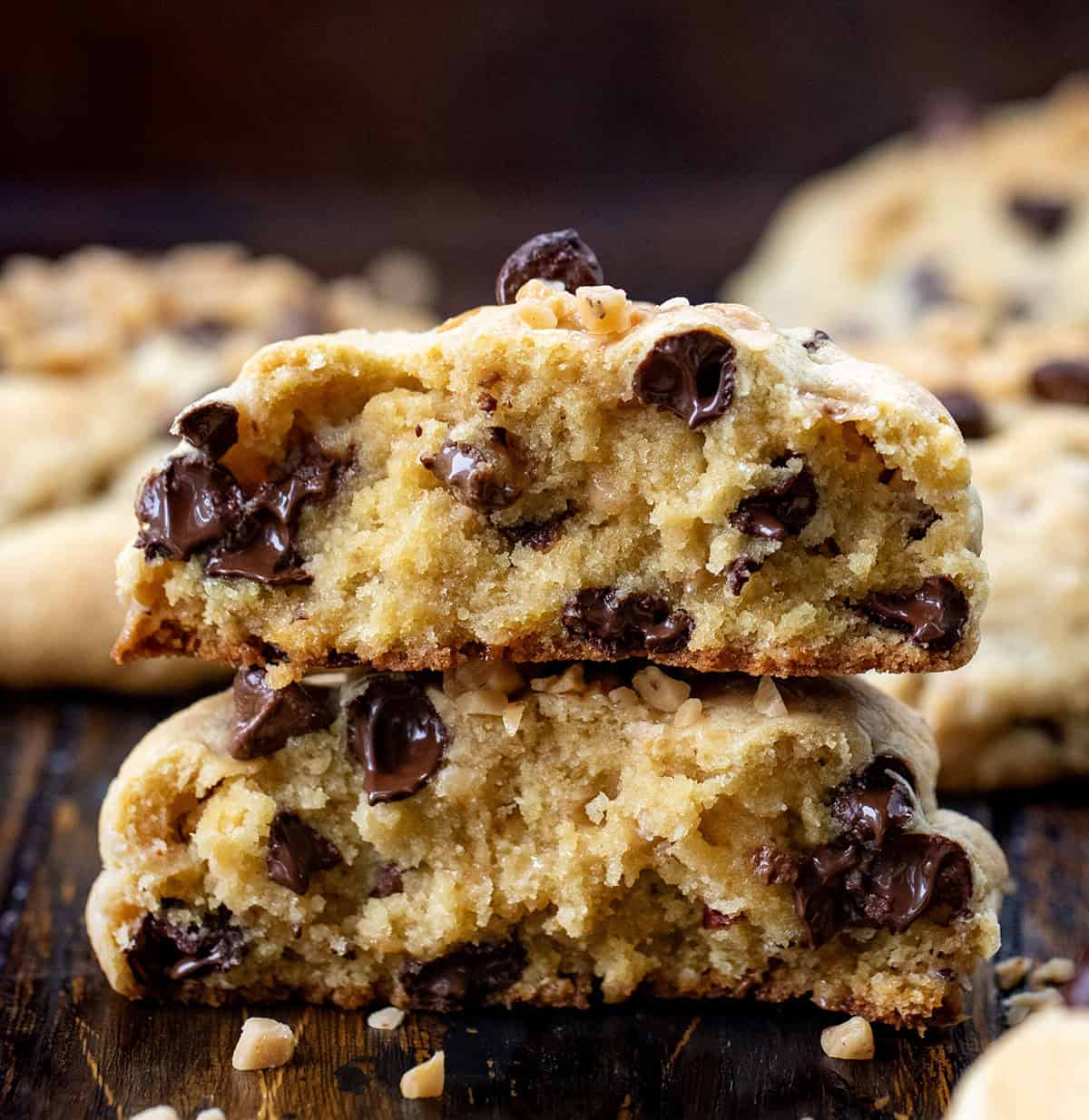 Halved Thick and Chewy Chocolate Toffee Cookies showing the inside texture.