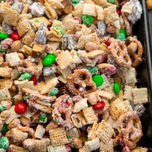 Close up of Ultimate Christmas Snack Mix in a tray.