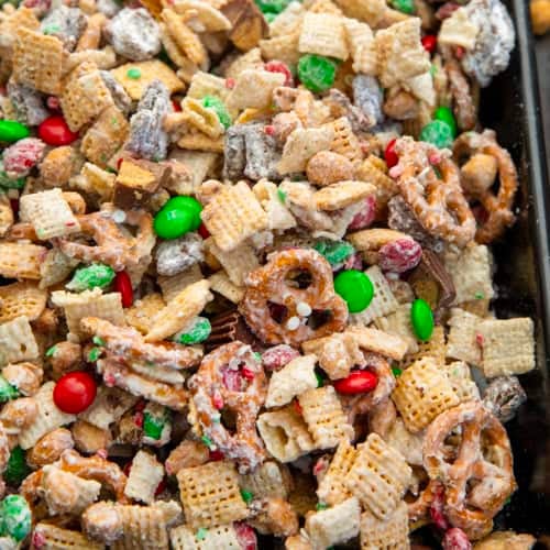 Close up of Ultimate Christmas Snack Mix in a tray.