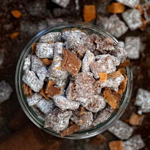 Looking down on a jar full of Butterfinger Puppy Chow.