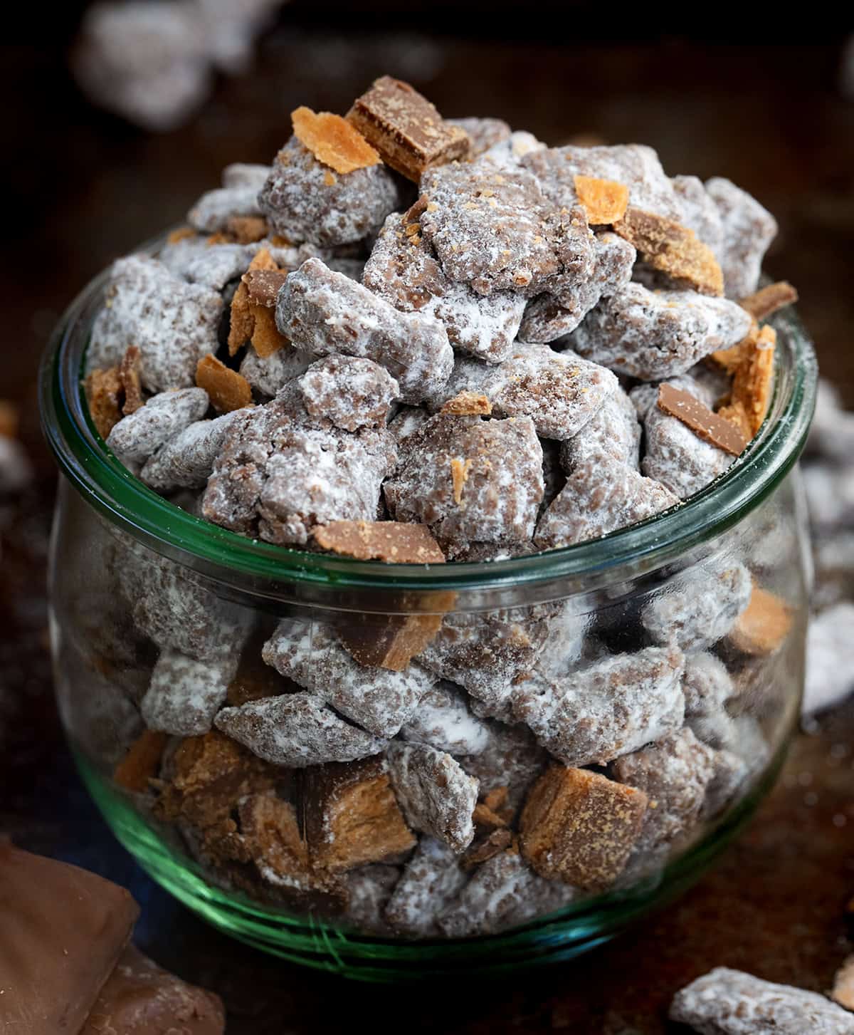 Close up of a jar of Butterfinger Puppy Chow.