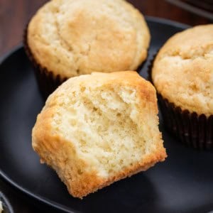 Close up of a halved Buttermilk Muffins showing the tender inside.
