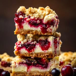 Stack of Cranberry Cheesecake Bars on a wooden table.