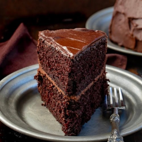 Slice of Devil's Food Cake on a plate with a fork.