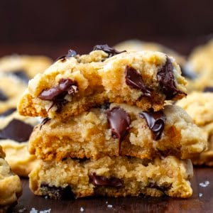 stack of broken in half Salted Honey Chocolate Chip Cookies.
