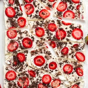 Strawberry Chocolate Yogurt Bark broken into pieces on a white table from overhead.