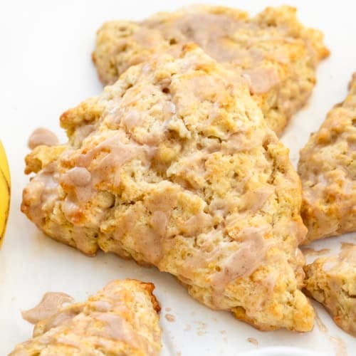 Close up of Banana Scones with maple glaze.