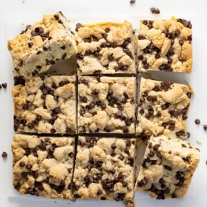 Chocolate Chip Crumb Cake cut into squares on a white table from overhead.