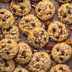 Cowboy Cookies on a sheet pan from overhead.