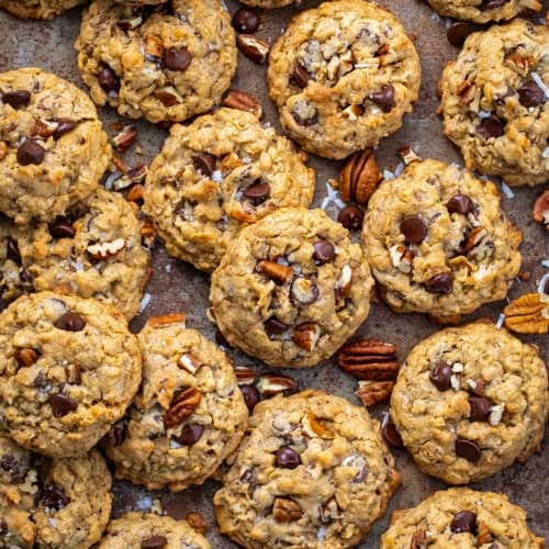 Cowboy Cookies on a sheet pan from overhead.