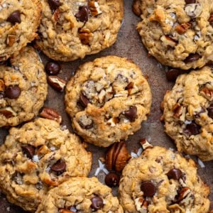 Cowboy Cookies on a sheet pan from overhead.