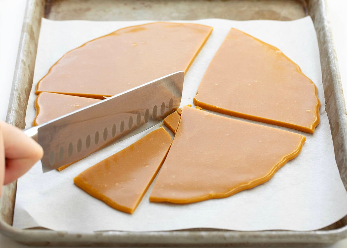 Using a knife to cut up Toffee Bits.