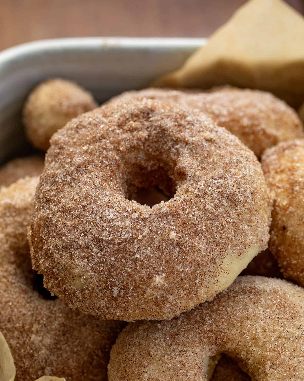 Close up of a Cinnamon Sugar Covered Baked Donut.