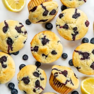 Blueberry Lemon Muffins on a white table from ovheread.