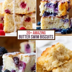 Raspberry, blueberry, blackberry, and the original Butter Swim Biscuits in a collage.