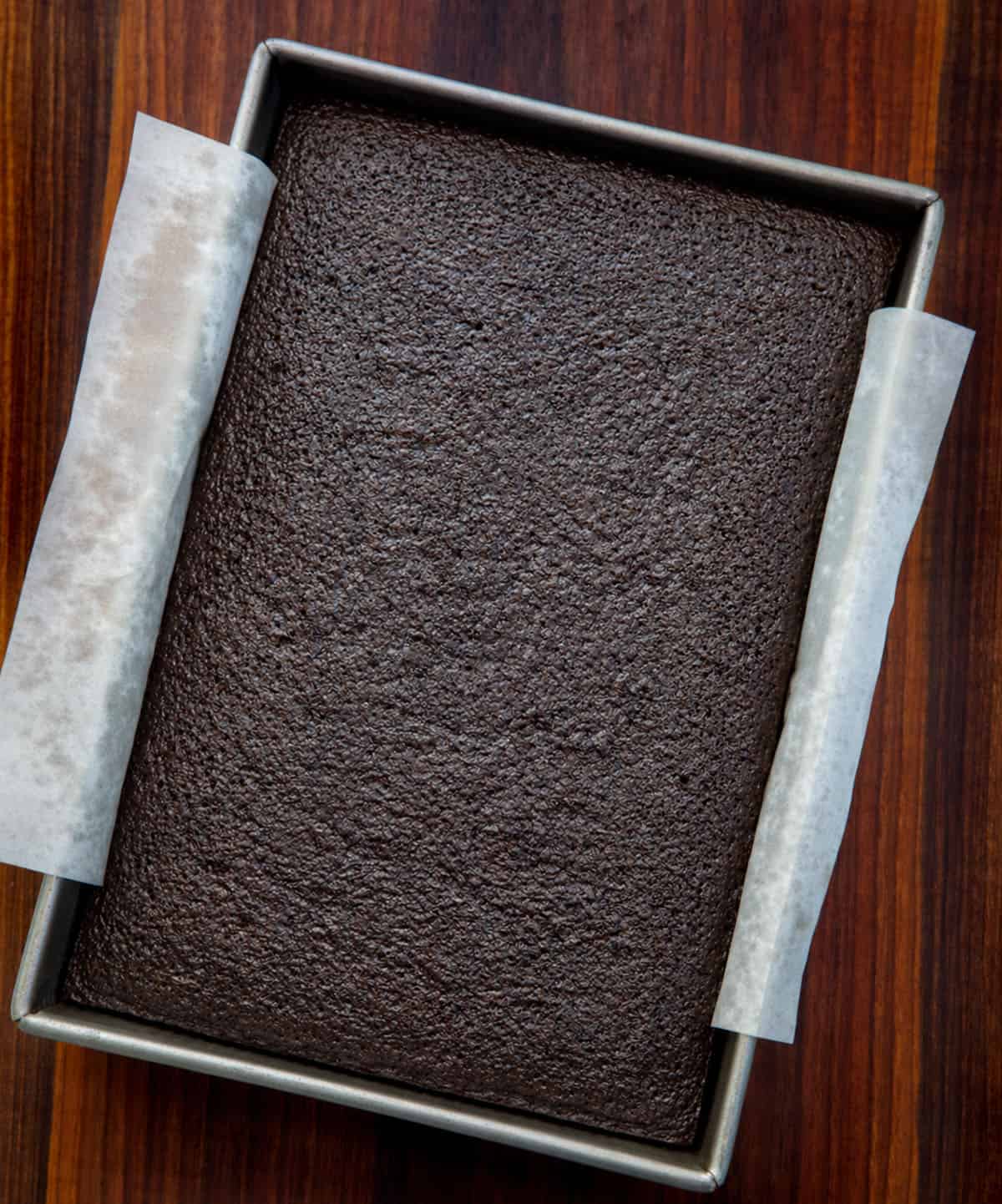 Chocolate Sheet Cake in a pan before being frosted from overhead.