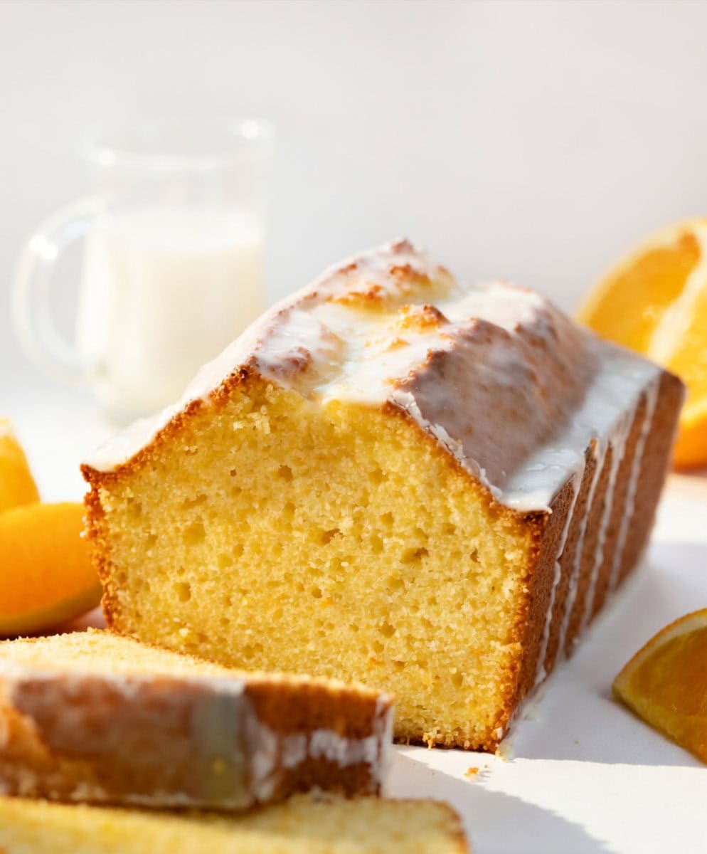 Orange Loaf with some pieces cut away on a white table with fresh oranges.