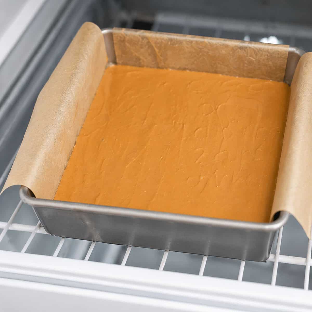 Peanut Butter in a pan in the freezer to make Peanut Butter Stuffed Brownies.