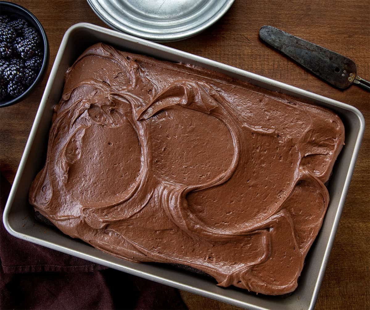 Pan of Devil's Food Sheet Cake on a wooden table from overhead.