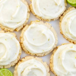 Key Lime Cookies laid out on a white table from overhead.