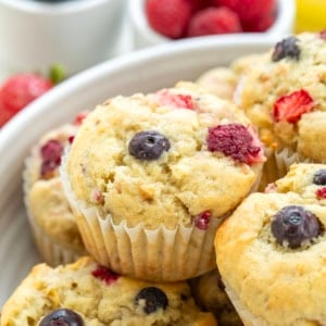 Close up of Triple Berry Banana Muffins in a bowl.