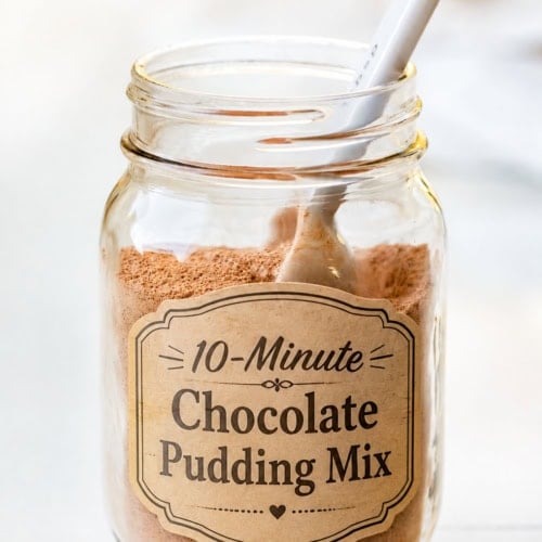 Jar of Chocolate Pudding Mix on a white counter with a spoon in the jar.