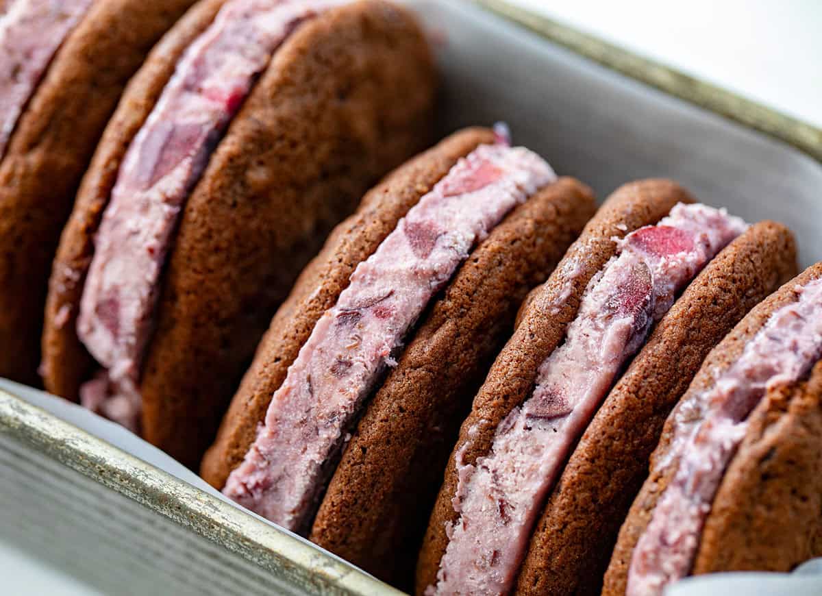 Close up of Chocolate Cherry Ice Cream Sandwiches in a pan.