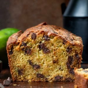 Close up of a cut into loaf of Chocolate Chip Zucchini Bread.