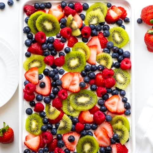 Mixed Berry Lush in a white pan on a white table.