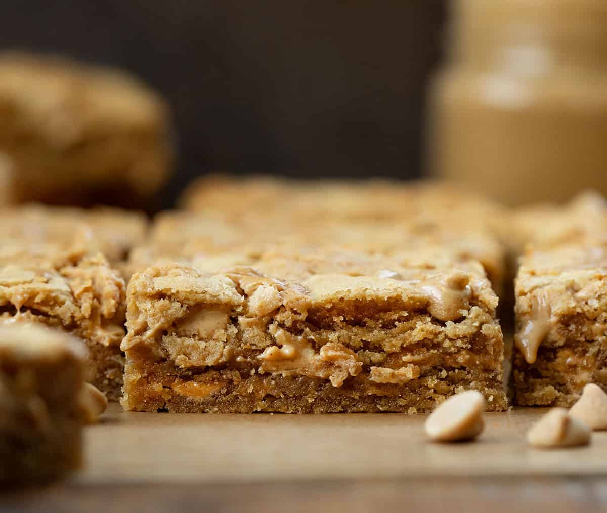 Close up of cut up Peanut Butter Overload Brownies.