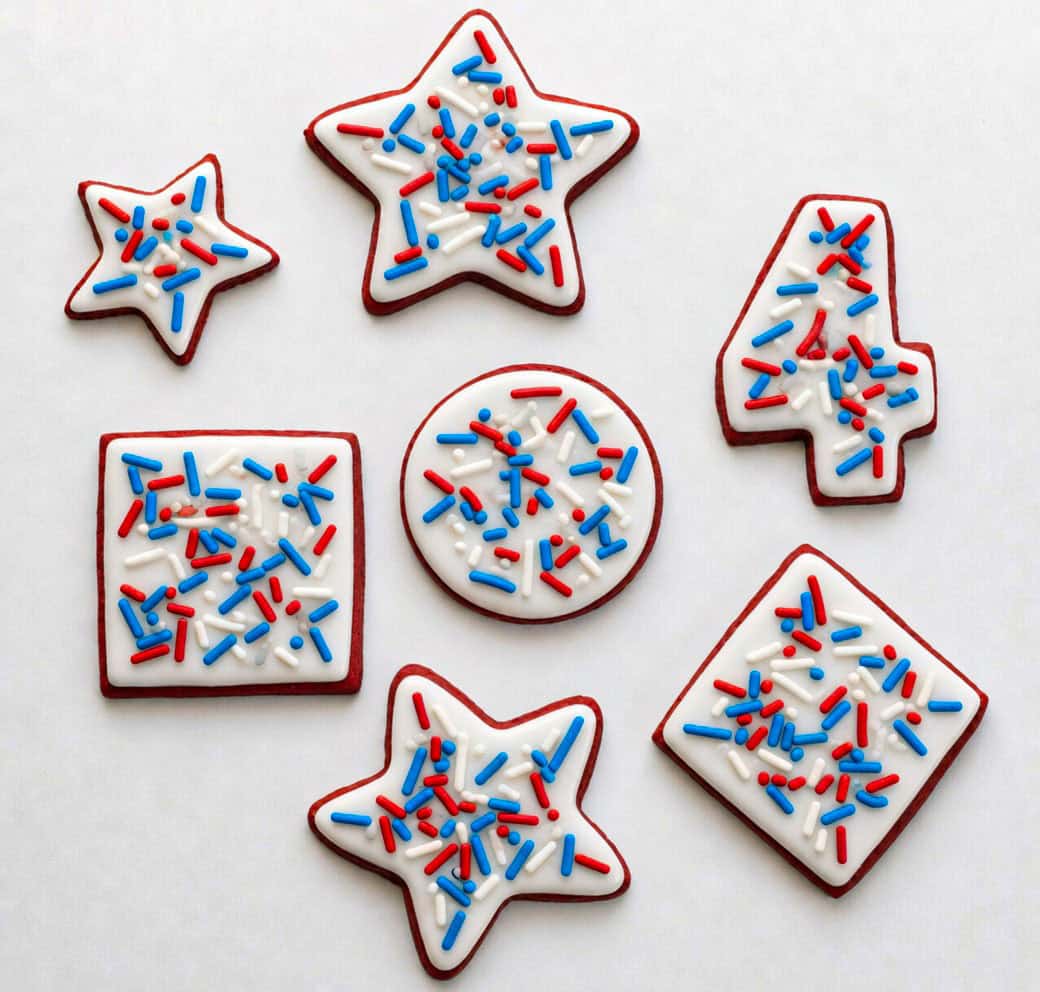 Decorated Red Velvet Cut-Out Sugar Cookies with red white and blue theme, or patriotic.