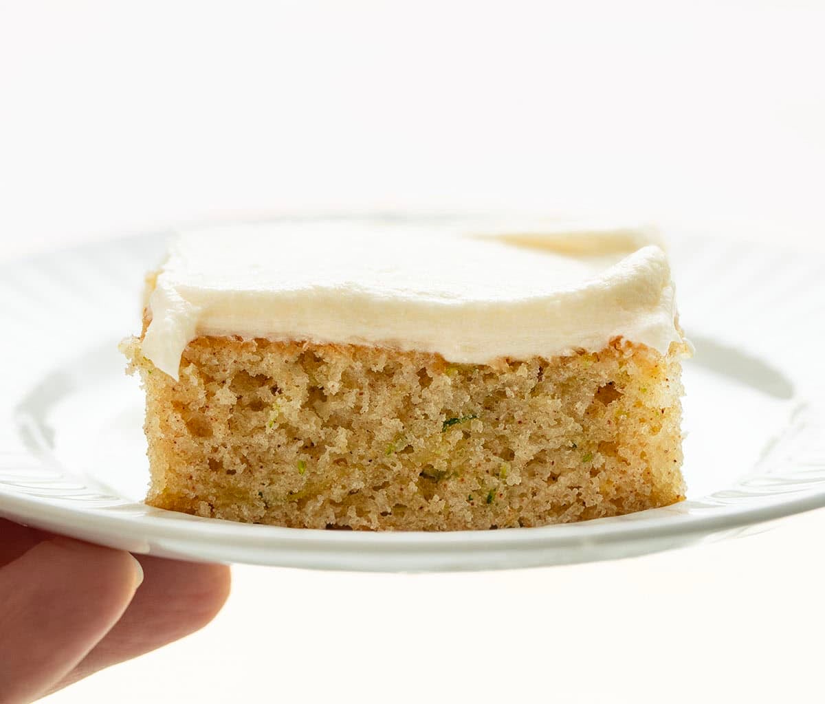 Hand holding a white plate with a Zucchini Bar on it.