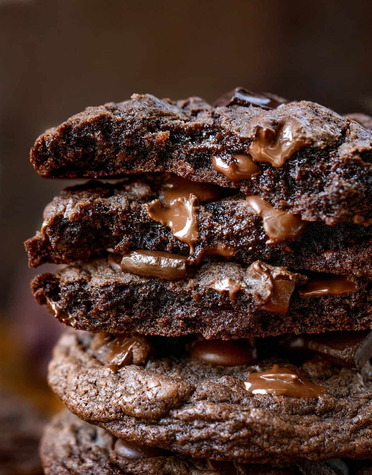 Very close up broken in half Bloomed Cocoa Chocolate Chip Cookies Very close up broken in half Bloomed Cocoa Chocolate Chip Cookies.