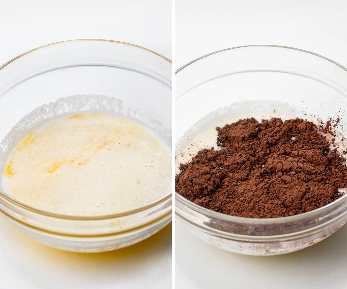 Bowl of melted butter and then cocoa added to the bowl before blooming the cocoa Bowl of melted butter and then cocoa added to the bowl before blooming the cocoa.