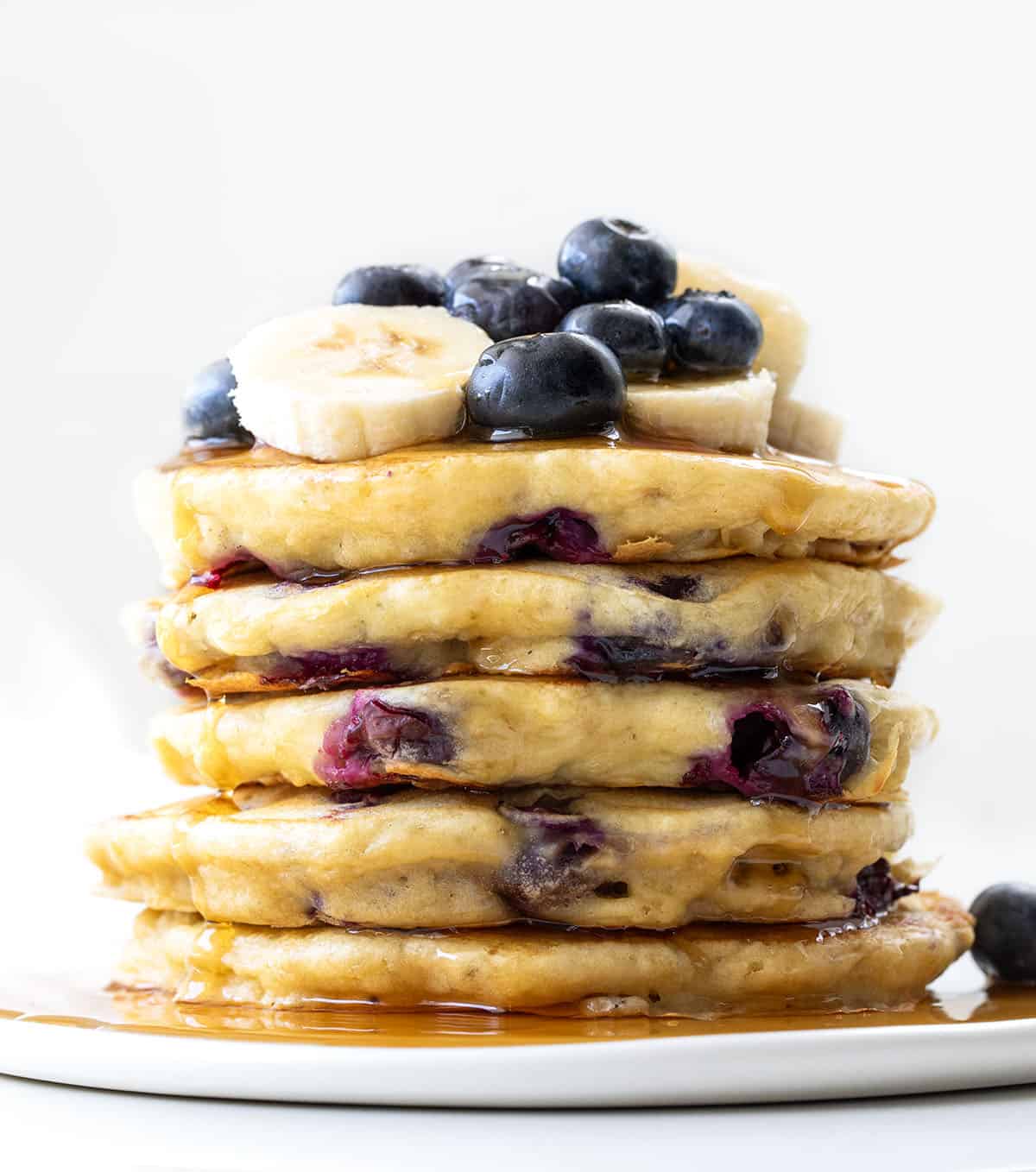 Stack of Blueberry Banana Buttermilk Pancakes close up.