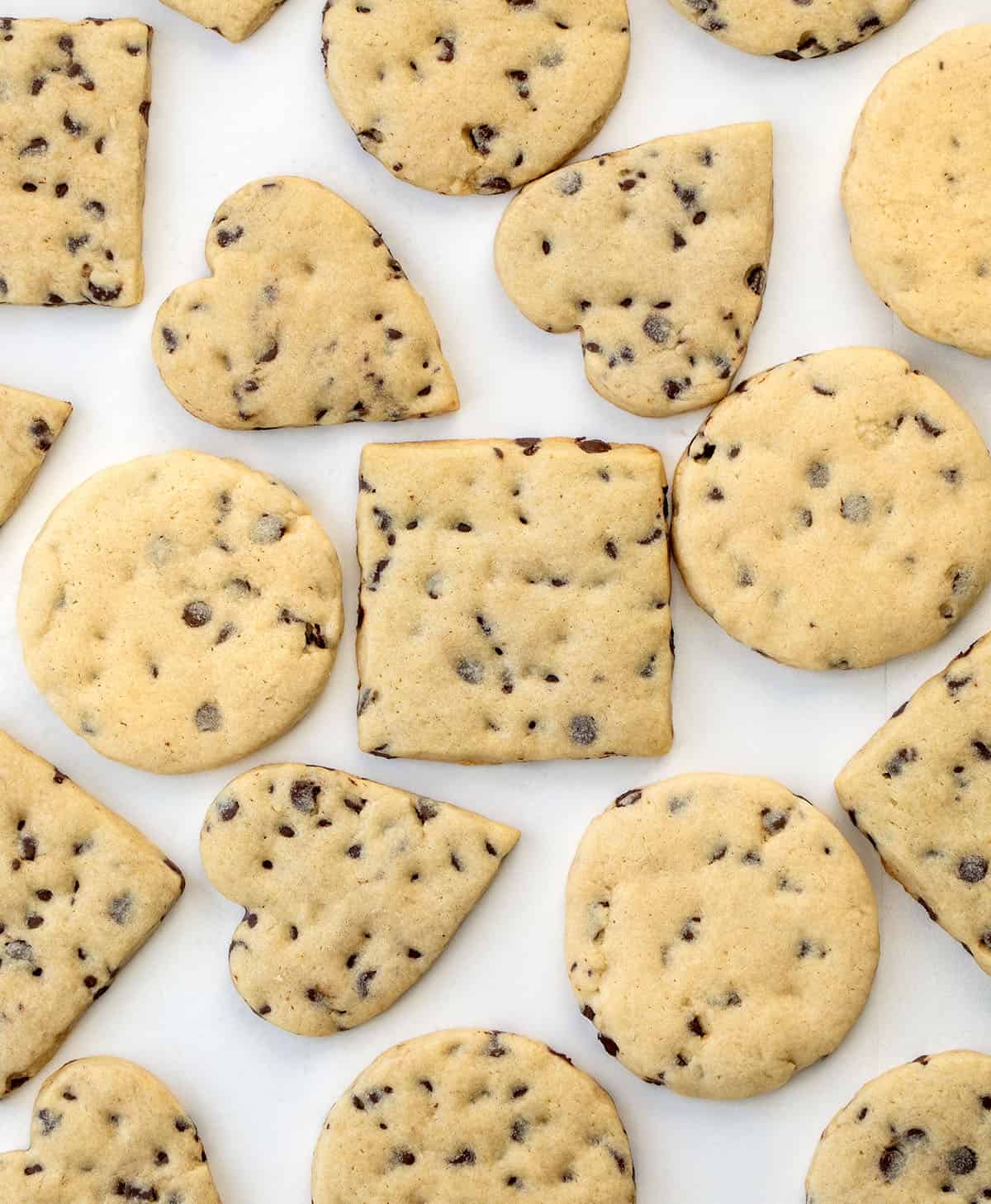 Chocolate Chip Cut-Out Cookies in various sizes on a white table from overhead Chocolate Chip Cut-Out Cookies in various sizes on a white table from overhead.