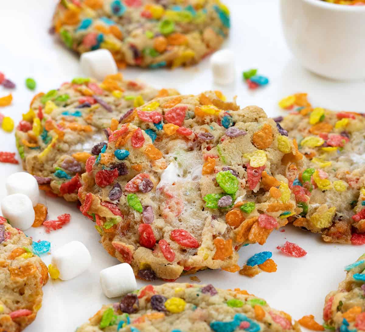 Close up of Fruity Pebbles Cookies on a white table Close up of Fruity Pebbles Cookies on a white table.